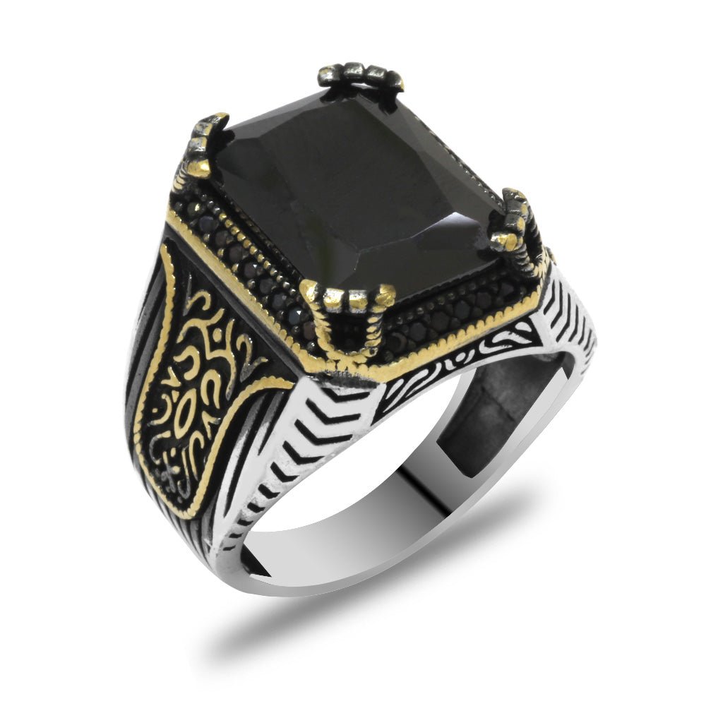 925 Sterling Silver Men's Ring with Baguette Cut Black Zircon Stones and Gothic Ornaments on the Sides - EFENDINA PAZAR - Tesbihane - 102002337