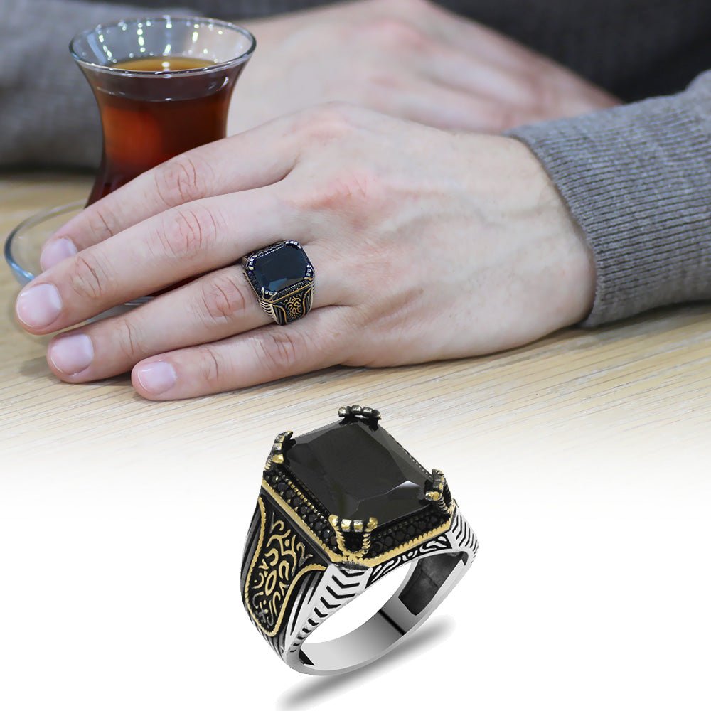 925 Sterling Silver Men's Ring with Baguette Cut Black Zircon Stones and Gothic Ornaments on the Sides - EFENDINA PAZAR - Tesbihane - 102002337