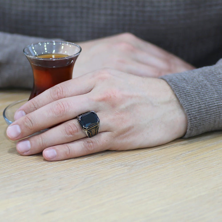 925 Sterling Silver Men's Ring with Baguette Cut Black Zircon Stones and Gothic Ornaments on the Sides - EFENDINA PAZAR - Tesbihane - 102002337