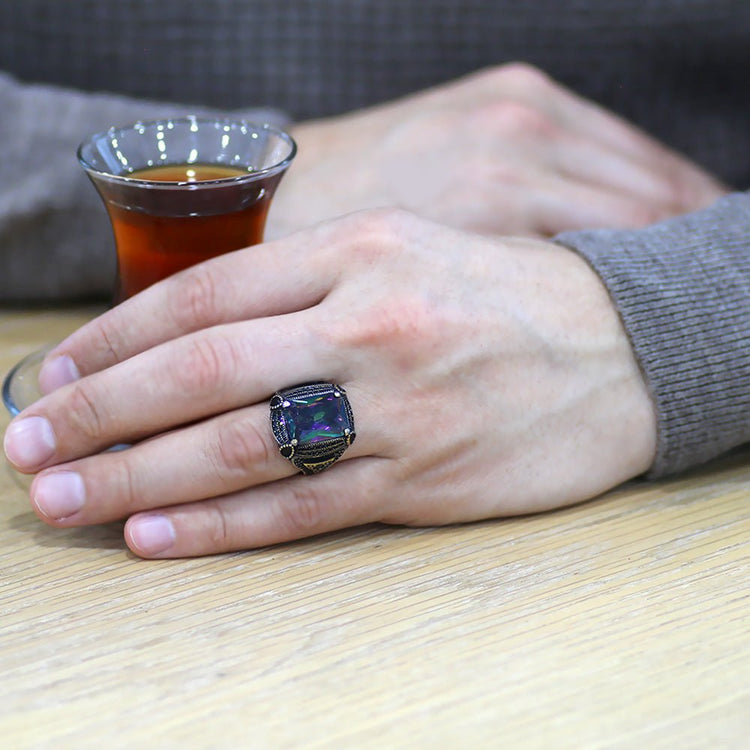 925 Sterling Silver Men's Ring with Baguette Cut Mystic Topaz Stone and Black Zircon Stone Set - EFENDINA PAZAR - Tesbihane - 102002334