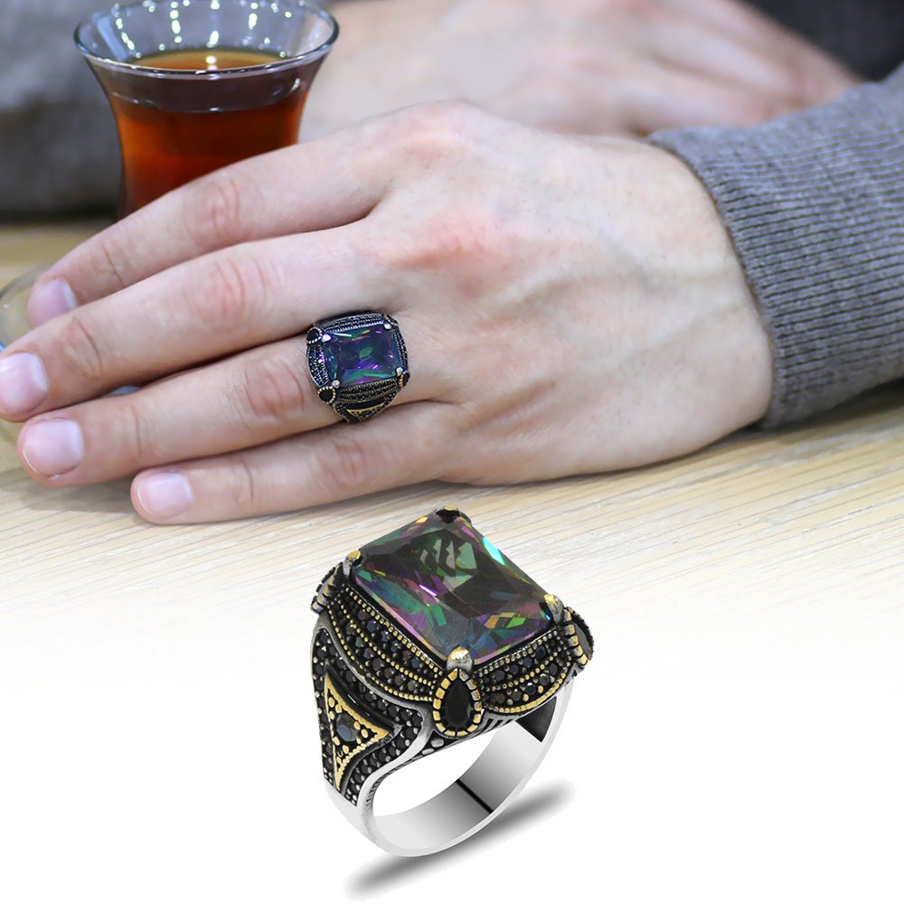 925 Sterling Silver Men's Ring with Baguette Cut Mystic Topaz Stone and Black Zircon Stone Set - EFENDINA PAZAR - Tesbihane - 102002334