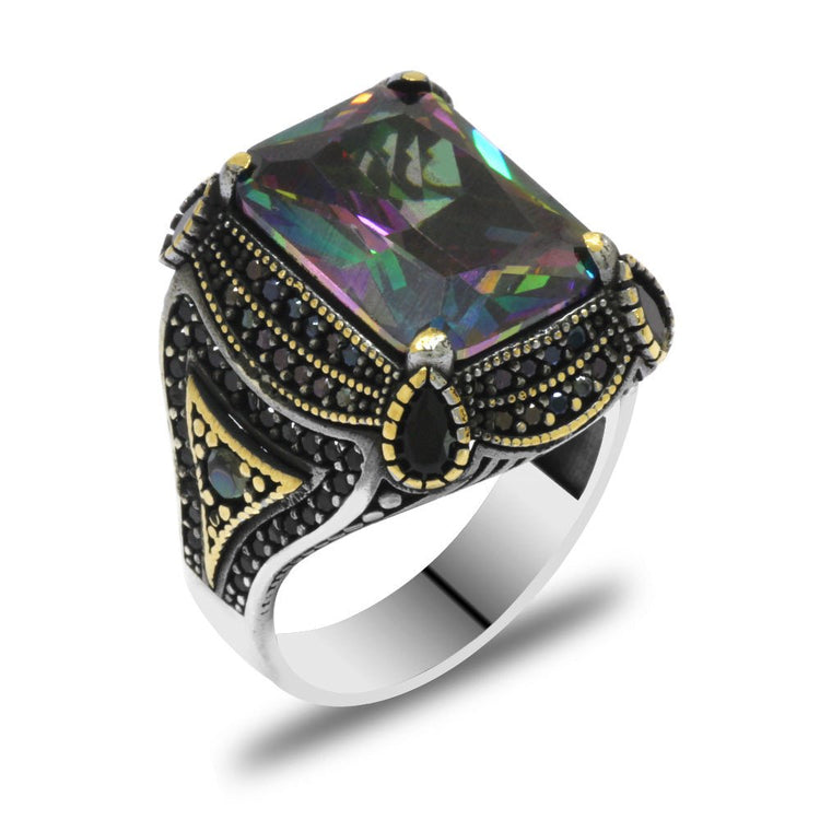 925 Sterling Silver Men's Ring with Baguette Cut Mystic Topaz Stone and Black Zircon Stone Set - EFENDINA PAZAR - Tesbihane - 102002334