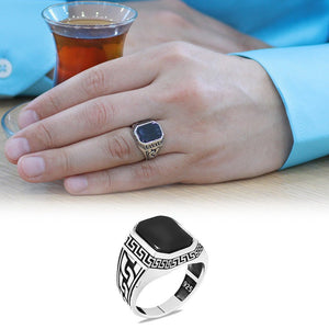 925 Sterling Silver Men's Ring with Black Onyx Stone and Greek Chain Detail - EFENDINA PAZAR - Tesbihane - 102002604