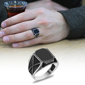 925 Sterling Silver Men's Ring with Black Onyx Stone and Oxide Edges - EFENDINA PAZAR - Tesbihane - 102002363