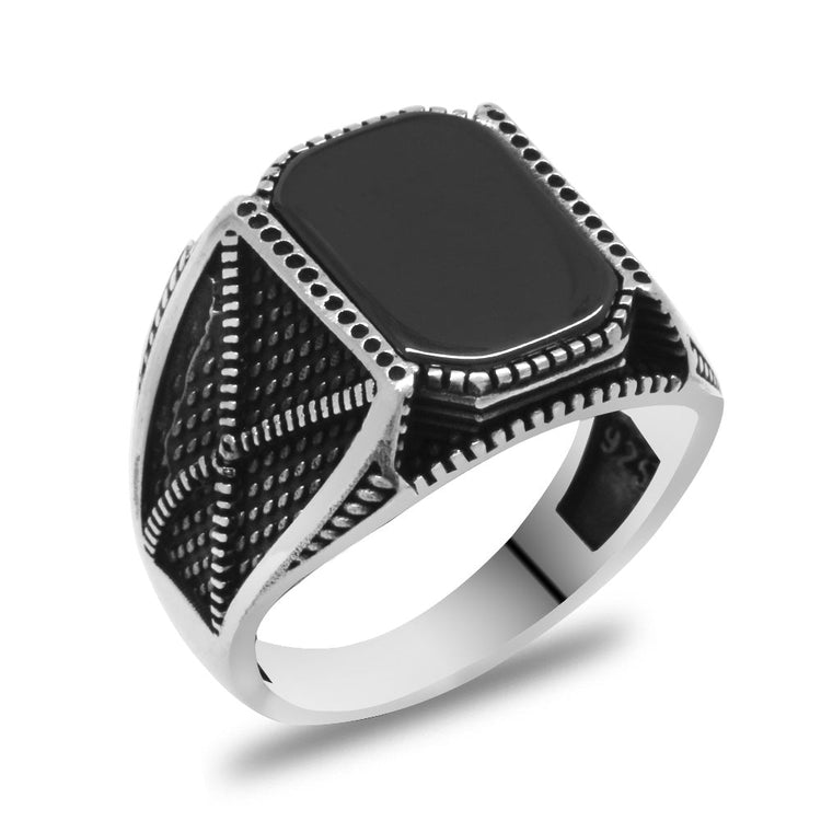 925 Sterling Silver Men's Ring with Black Onyx Stone and Oxide Edges - EFENDINA PAZAR - Tesbihane - 102002363
