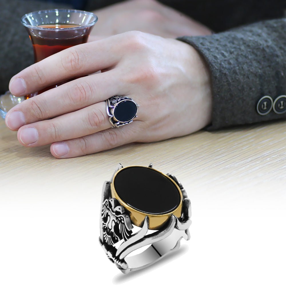 925 Sterling Silver Men's Ring with Black Onyx Stone and Zulfiqar Detail on the Sides - EFENDINA PAZAR - Tesbihane - 102002388