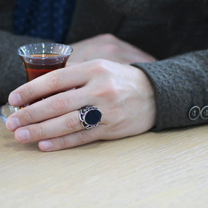 925 Sterling Silver Men's Ring with Black Onyx Stone and Zulfiqar Detail on the Sides - EFENDINA PAZAR - Tesbihane - 102002388