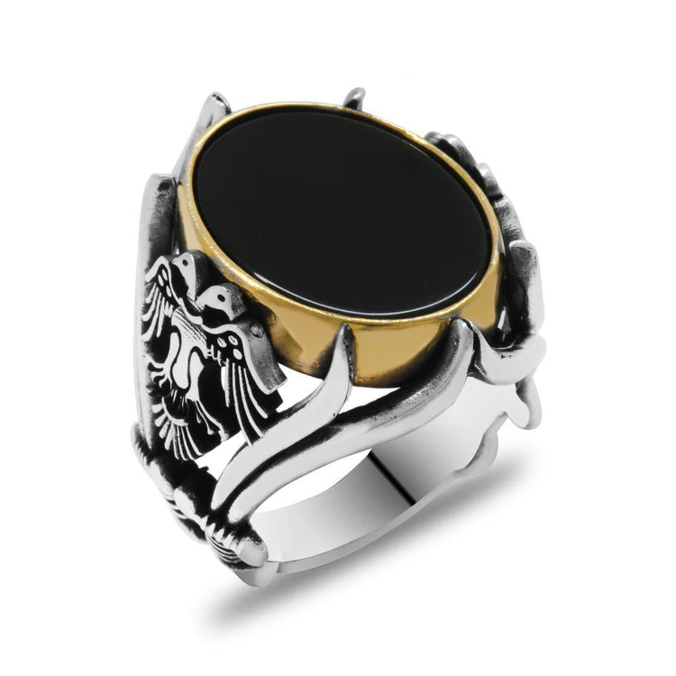 925 Sterling Silver Men's Ring with Black Onyx Stone and Zulfiqar Detail on the Sides - EFENDINA PAZAR - Tesbihane - 102002388