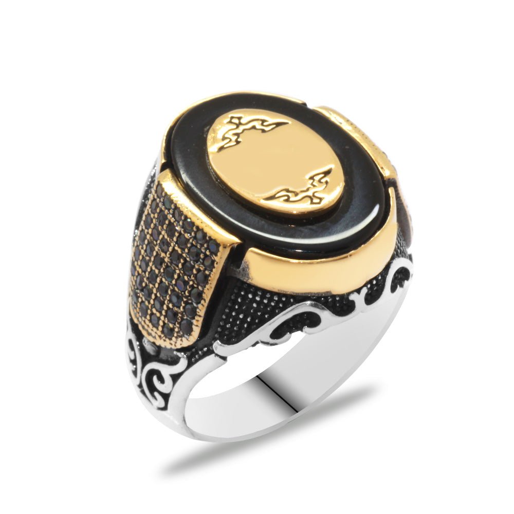925 Sterling Silver Men's Ring with Black Onyx Stone, Micro Zircon Stone, Personalized Name Letter Engraved - EFENDINA PAZAR - Tesbihane - 102002262