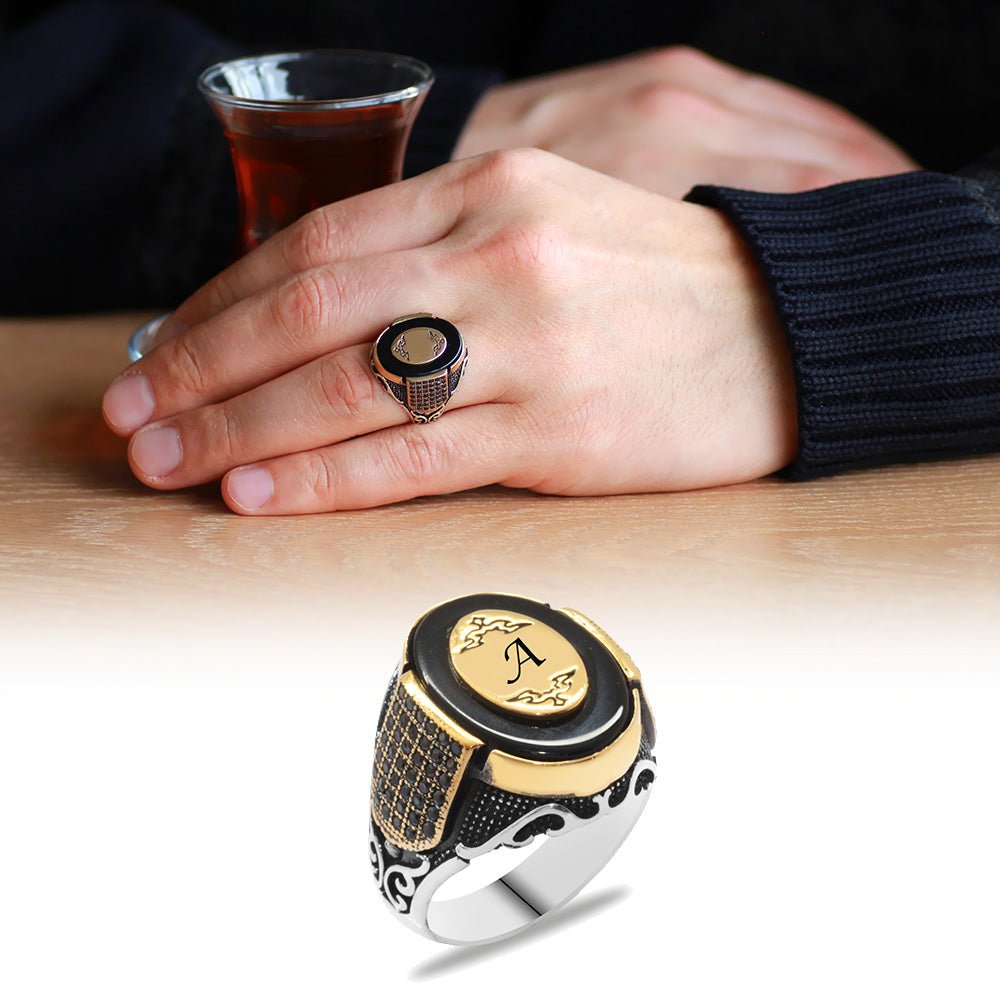 925 Sterling Silver Men's Ring with Black Onyx Stone, Micro Zircon Stone, Personalized Name Letter Engraved - EFENDINA PAZAR - Tesbihane - 102002262