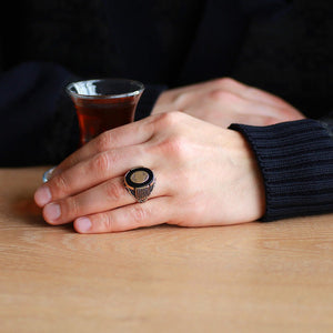 925 Sterling Silver Men's Ring with Black Onyx Stone, Micro Zircon Stone, Personalized Name Letter Engraved - EFENDINA PAZAR - Tesbihane - 102002262