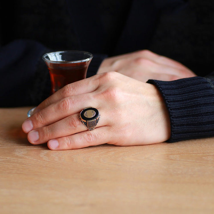 925 Sterling Silver Men's Ring with Black Onyx Stone, Micro Zircon Stone, Personalized Name Letter Engraved - EFENDINA PAZAR - Tesbihane - 102002262