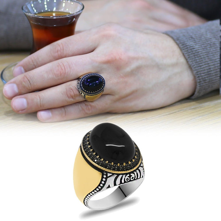 925 Sterling Silver Men's Ring with Black Onyx Stone, Micro Zircon Stone, Personalized Name Letter Engraved - EFENDINA PAZAR - Tesbihane - 102002346