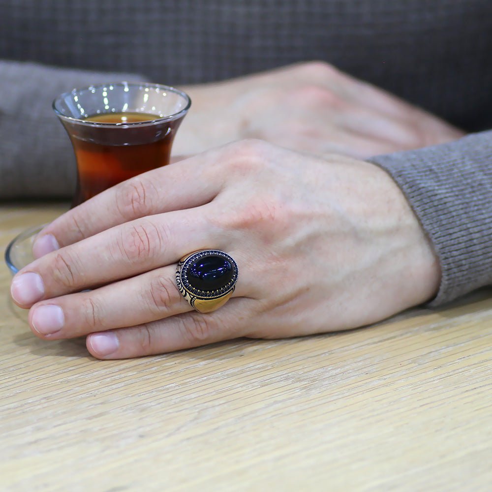 925 Sterling Silver Men's Ring with Black Onyx Stone, Micro Zircon Stone, Personalized Name Letter Engraved - EFENDINA PAZAR - Tesbihane - 102002346