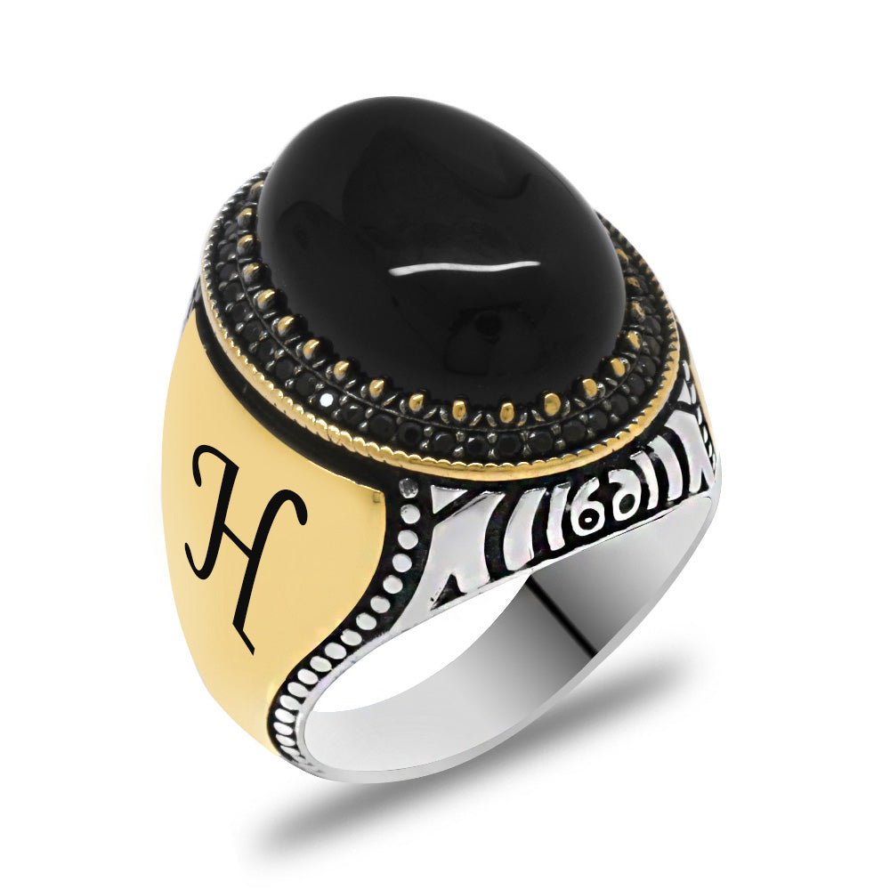 925 Sterling Silver Men's Ring with Black Onyx Stone, Micro Zircon Stone, Personalized Name Letter Engraved - EFENDINA PAZAR - Tesbihane - 102002346