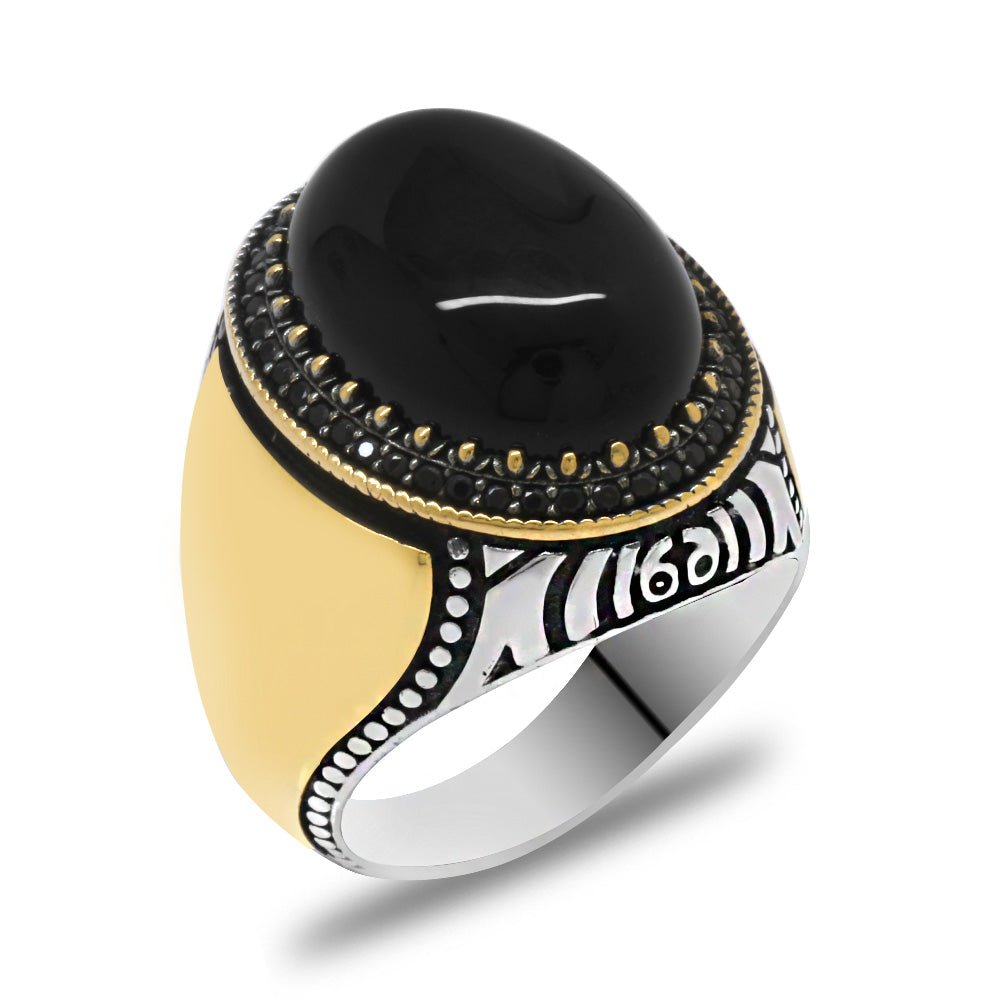 925 Sterling Silver Men's Ring with Black Onyx Stone, Micro Zircon Stone, Personalized Name Letter Engraved - EFENDINA PAZAR - Tesbihane - 102002346