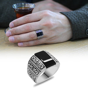 925 Sterling Silver Men's Ring with Black Onyx Stones and Pencil Work - EFENDINA PAZAR - Tesbihane - 102002383