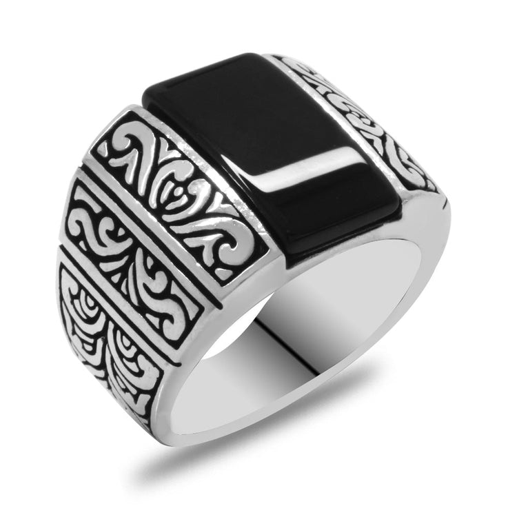 925 Sterling Silver Men's Ring with Black Onyx Stones and Pencil Work - EFENDINA PAZAR - Tesbihane - 102002383