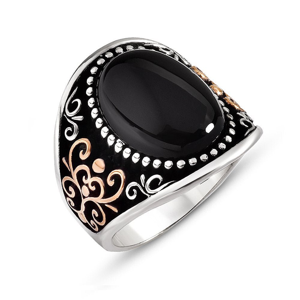 925 Sterling Silver Men's Ring with Black Oval Onyx Stone - EFENDINA PAZAR - Tesbihane - 102001233
