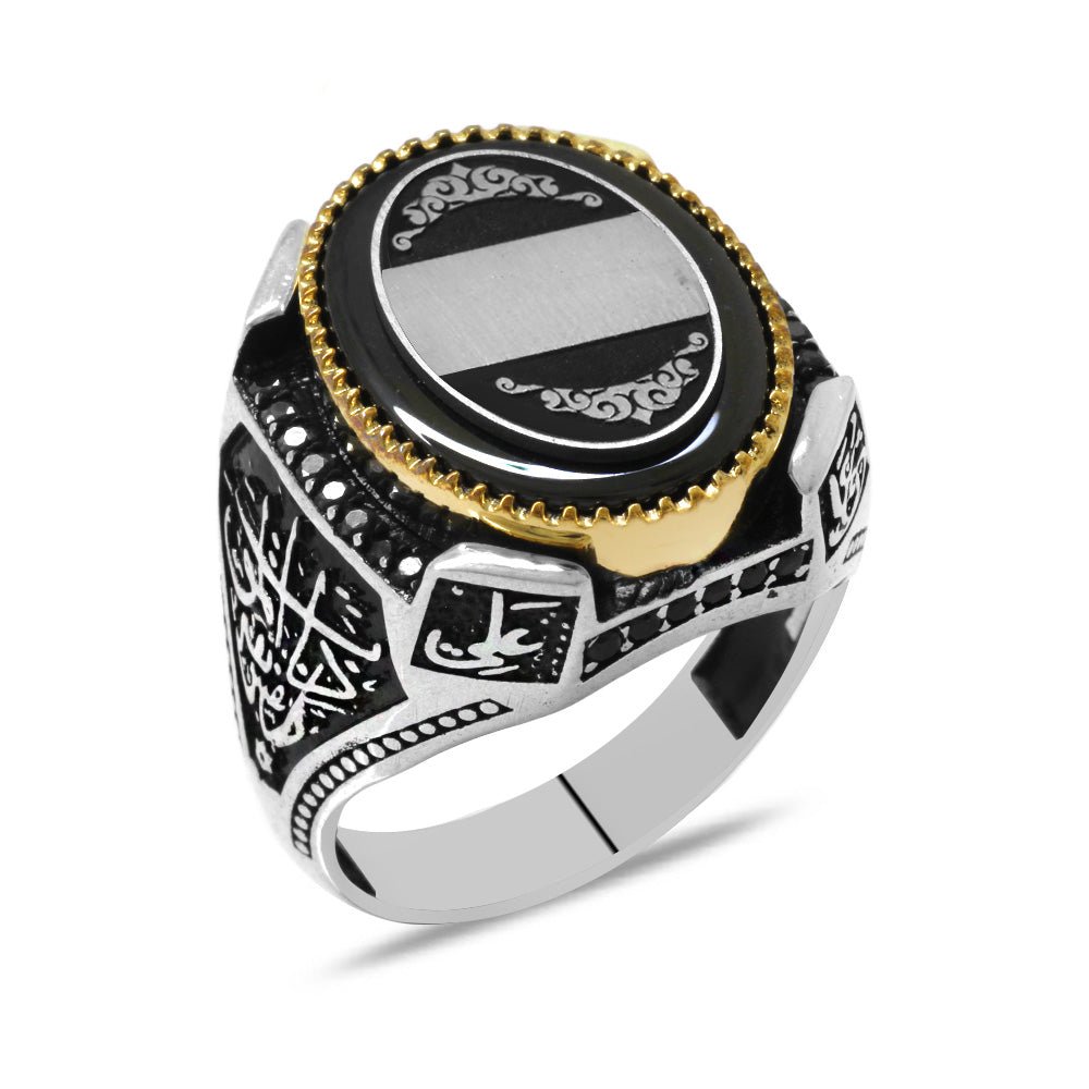 925 Sterling Silver Men's Ring with Black Pressed Amber Stone&Personalized Name/Letters&Four Caliph Names&Engraved - EFENDINA PAZAR - Tesbihane - 