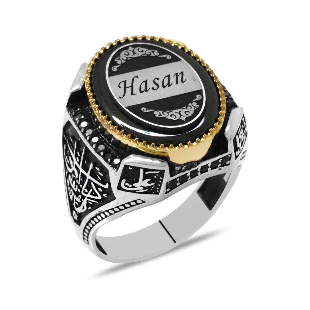 925 Sterling Silver Men's Ring with Black Pressed Amber Stone&Personalized Name/Letters&Four Caliph Names&Engraved - EFENDINA PAZAR - Tesbihane - 