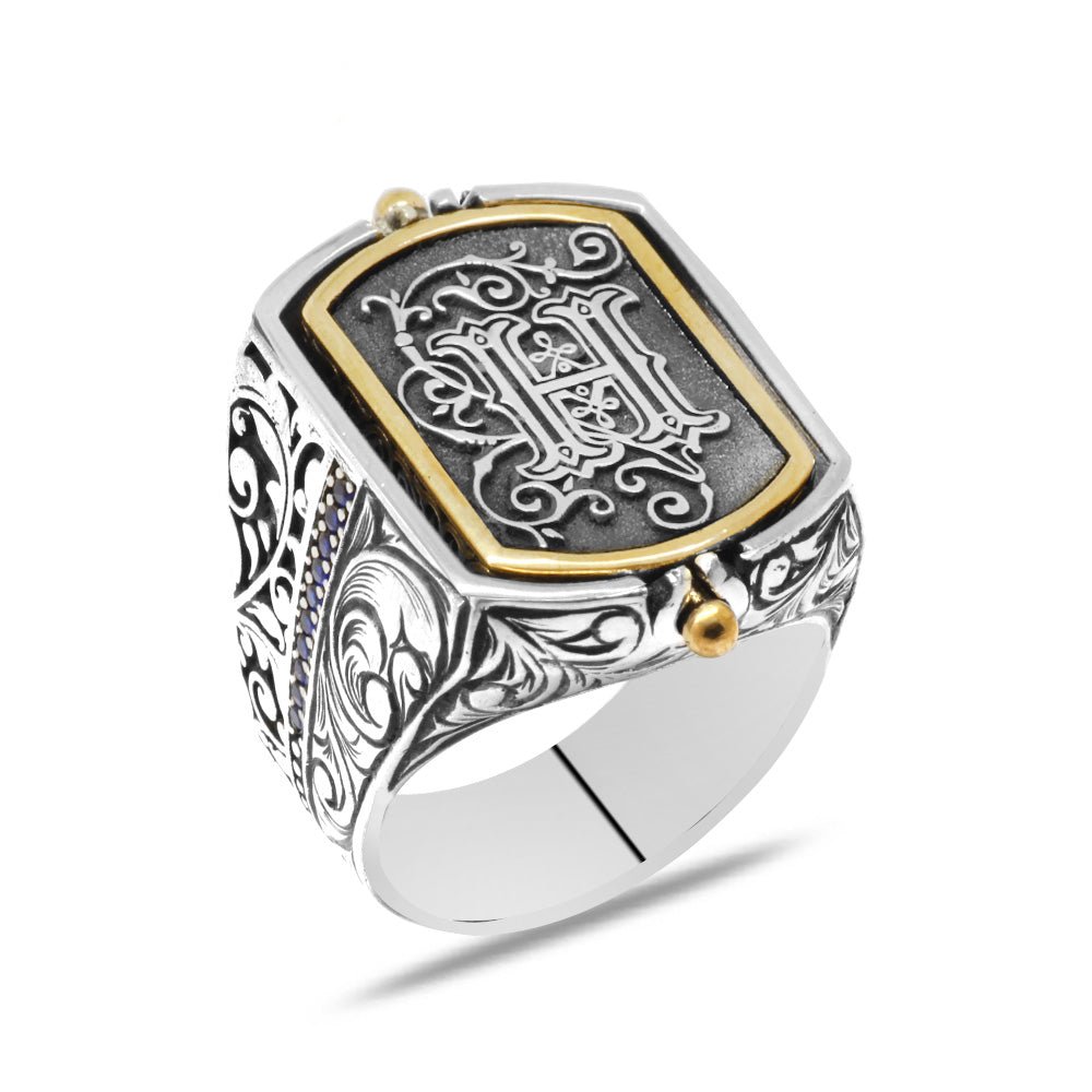 925 Sterling Silver Men's Ring with Black Zircon Stone and Double - Sided Personalized Letters - EFENDINA PAZAR - Tesbihane - 102002677