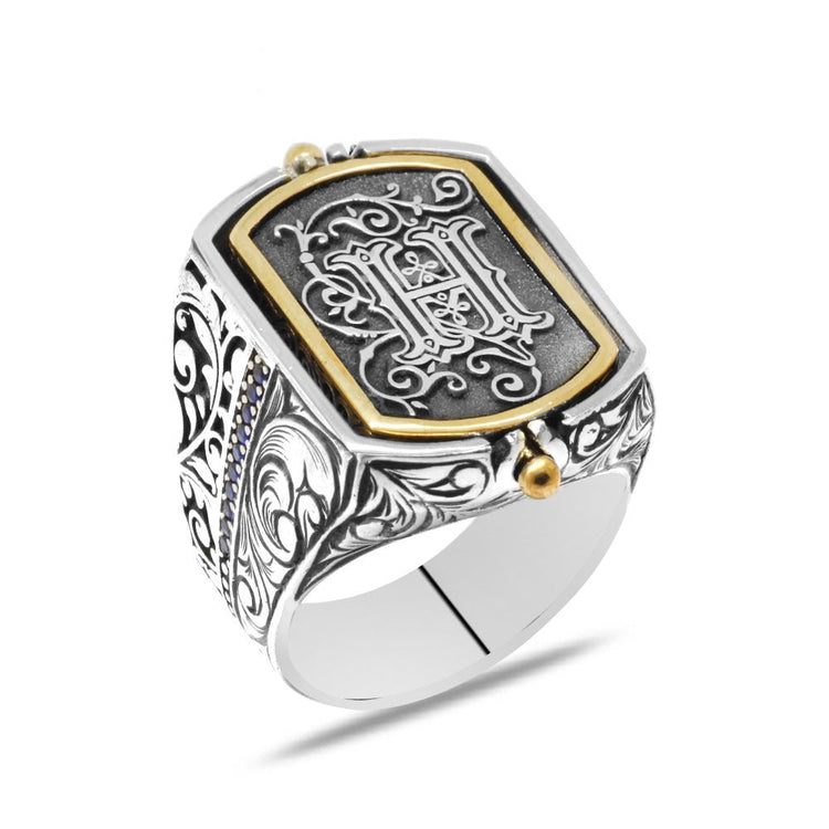 925 Sterling Silver Men's Ring with Black Zircon Stone and Double - Sided Personalized Letters - EFENDINA PAZAR - Tesbihane - 102002677