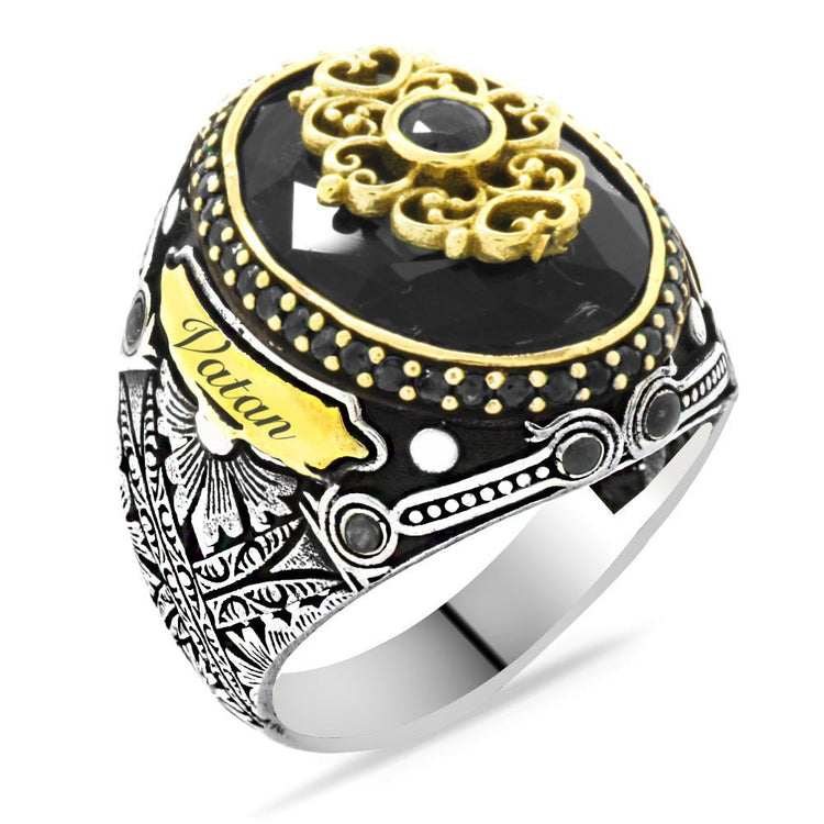 925 Sterling Silver Men's Ring with Black Zircon Stone and Personalized Name - EFENDINA PAZAR - Tesbihane - 102001853