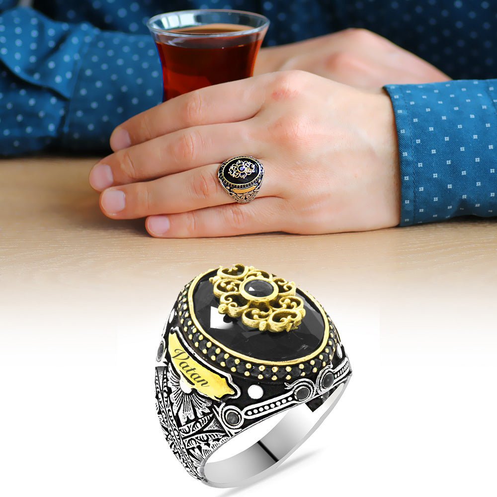 925 Sterling Silver Men's Ring with Black Zircon Stone and Personalized Name - EFENDINA PAZAR - Tesbihane - 102001853