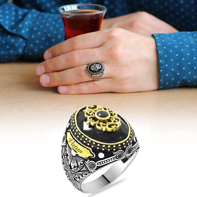 925 Sterling Silver Men's Ring with Black Zircon Stone and Personalized Name - EFENDINA PAZAR - Tesbihane - 102001853