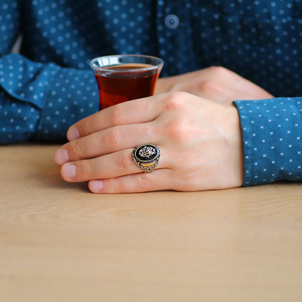 925 Sterling Silver Men's Ring with Black Zircon Stone and Personalized Name - EFENDINA PAZAR - Tesbihane - 102001853