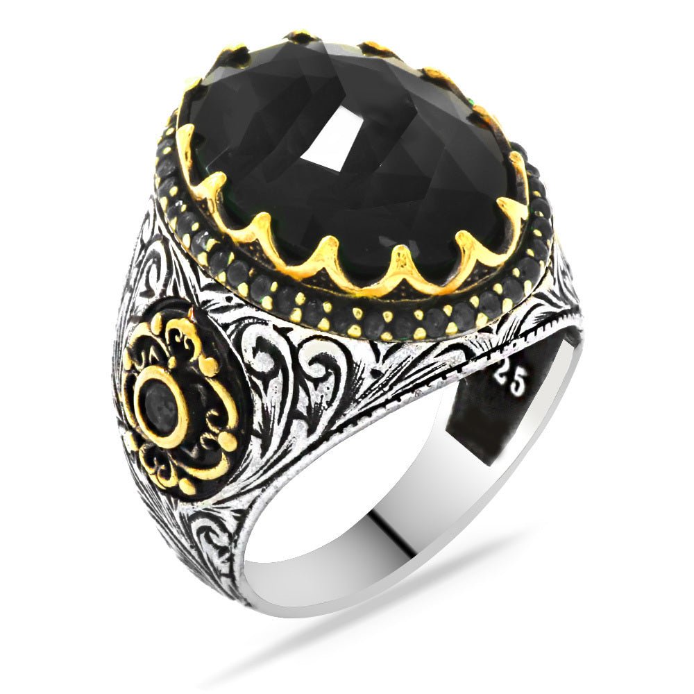 925 Sterling Silver Men's Ring with Black Zircon Stone - EFENDINA PAZAR - Tesbihane - 102001845