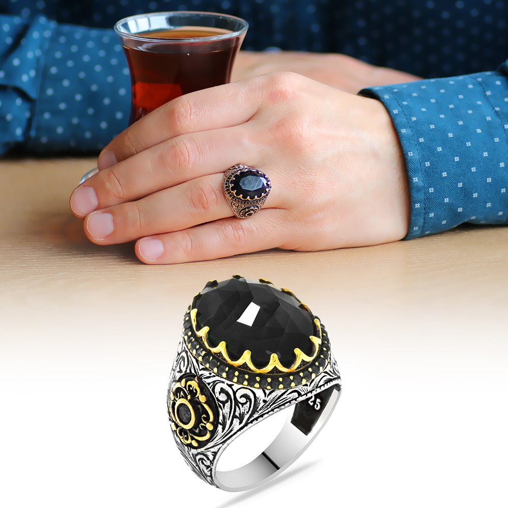 925 Sterling Silver Men's Ring with Black Zircon Stone - EFENDINA PAZAR - Tesbihane - 102001845