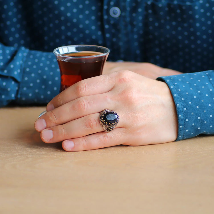 925 Sterling Silver Men's Ring with Black Zircon Stone - EFENDINA PAZAR - Tesbihane - 102001845