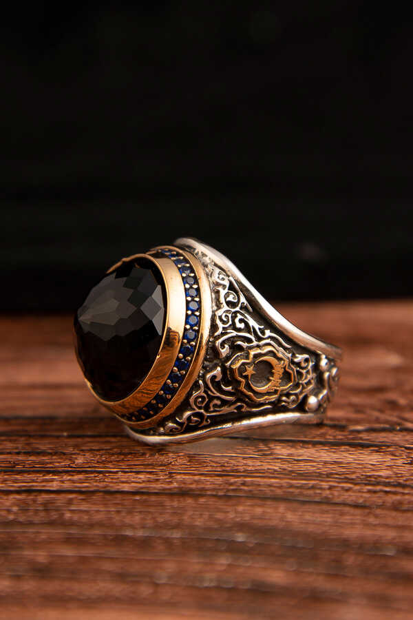 925 Sterling Silver Men's Ring with Black Zircon Stone - EFENDINA PAZAR - Ve Tesbih - 