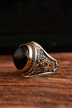 925 Sterling Silver Men's Ring with Black Zircon Stone - EFENDINA PAZAR - Ve Tesbih - 