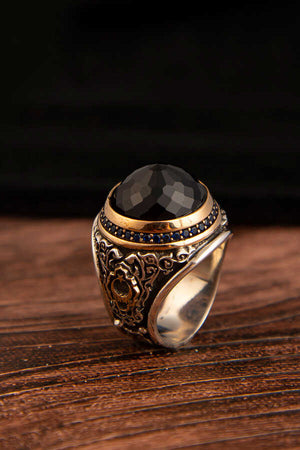 925 Sterling Silver Men's Ring with Black Zircon Stone - EFENDINA PAZAR - Ve Tesbih - 