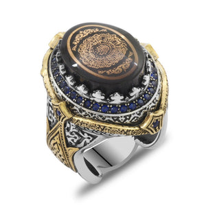 925 Sterling Silver Men's Ring with Calligraphy Ayet - el Kursi Written on Blue Pressed Amber - EFENDINA PAZAR - Tesbihane - 102002322