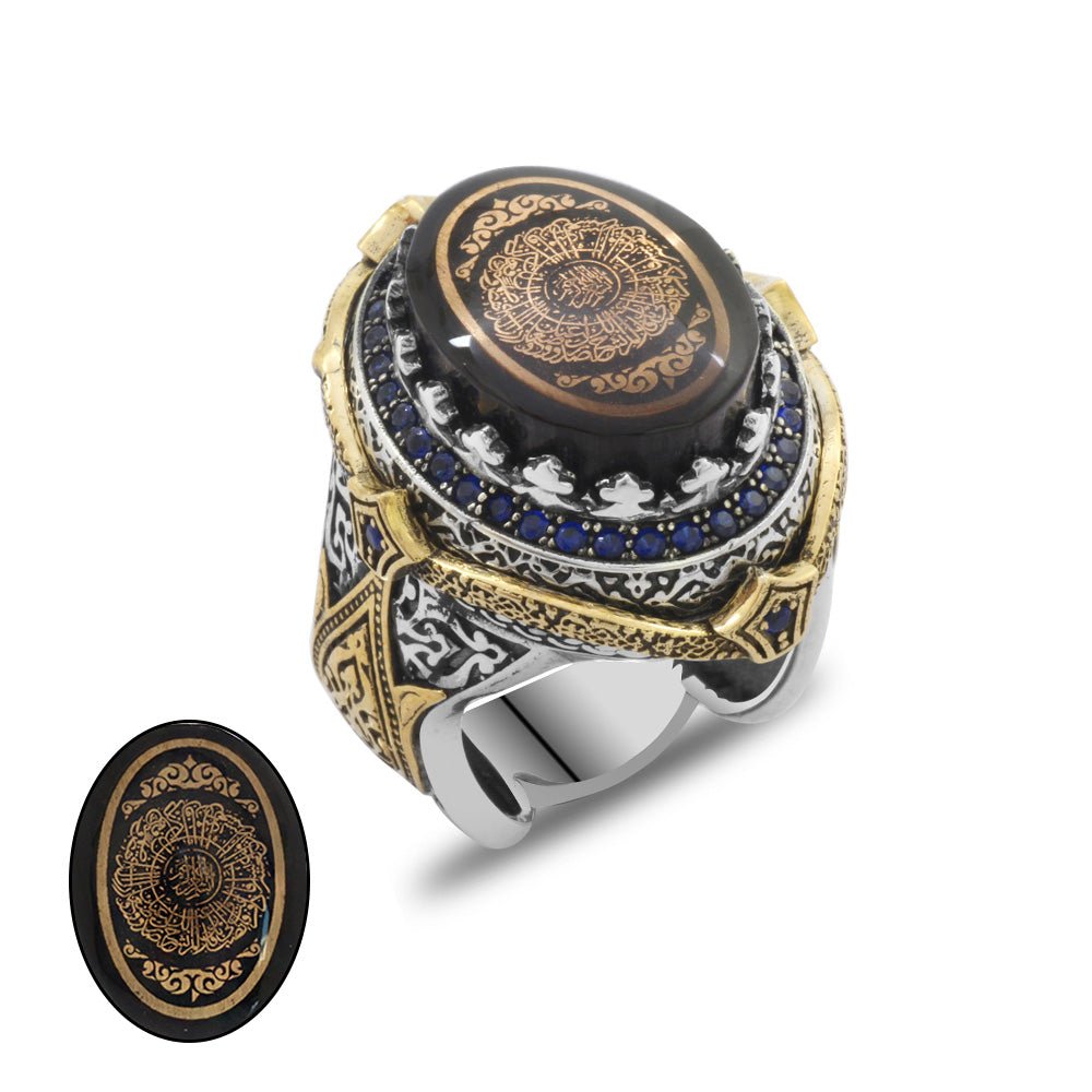 925 Sterling Silver Men's Ring with Calligraphy Ayet - el Kursi Written on Blue Pressed Amber - EFENDINA PAZAR - Tesbihane - 102002322