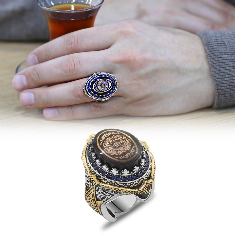 925 Sterling Silver Men's Ring with Calligraphy Ayet - el Kursi Written on Blue Pressed Amber - EFENDINA PAZAR - Tesbihane - 102002322