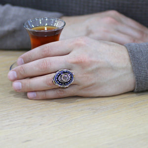 925 Sterling Silver Men's Ring with Calligraphy Ayet - el Kursi Written on Blue Pressed Amber - EFENDINA PAZAR - Tesbihane - 102002322