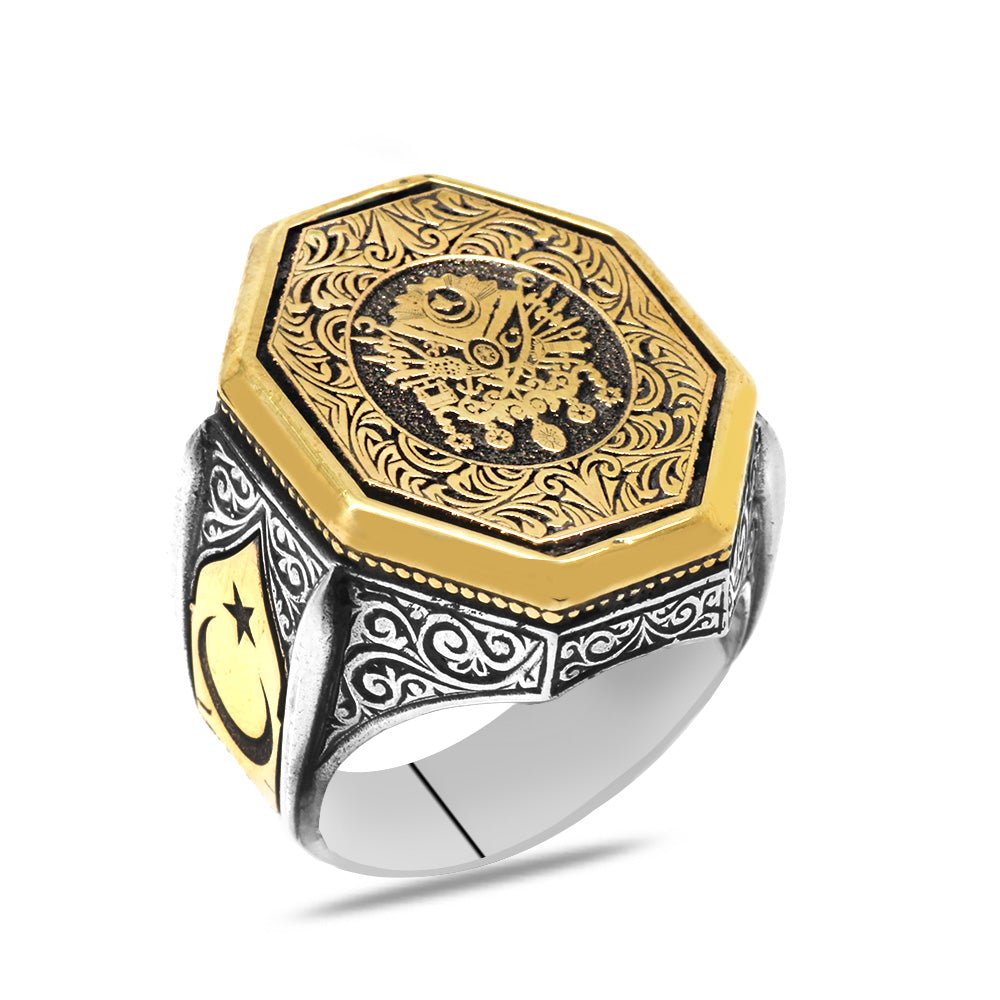 925 Sterling Silver Men's Ring with Crescent and Star Detail and Ottoman Coat of Arms Motif - EFENDINA PAZAR - Tesbihane - 102002659