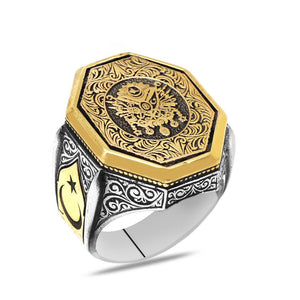 925 Sterling Silver Men's Ring with Crescent and Star Detail and Ottoman Coat of Arms Motif - EFENDINA PAZAR - Tesbihane - 102002659