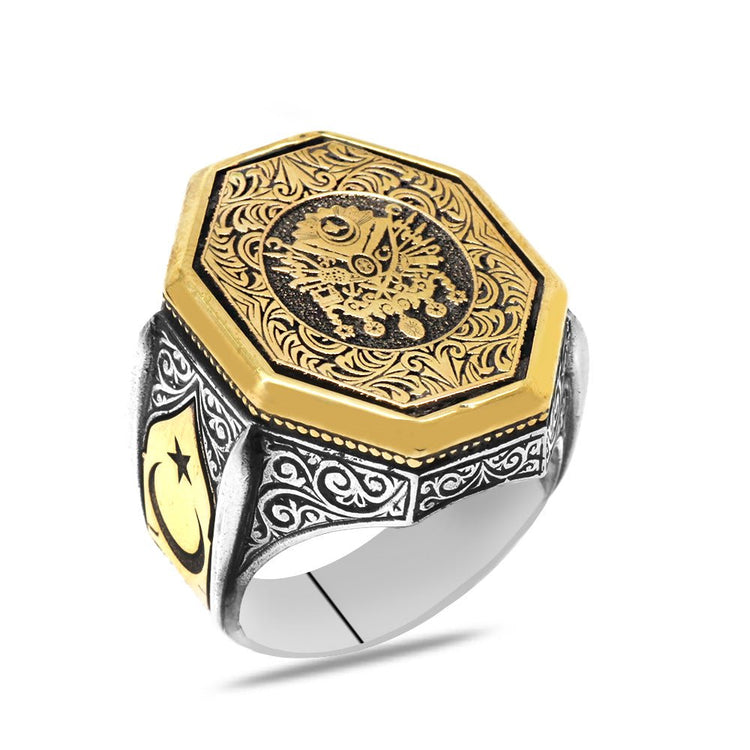 925 Sterling Silver Men's Ring with Crescent and Star Detail and Ottoman Coat of Arms Motif - EFENDINA PAZAR - Tesbihane - 102002659