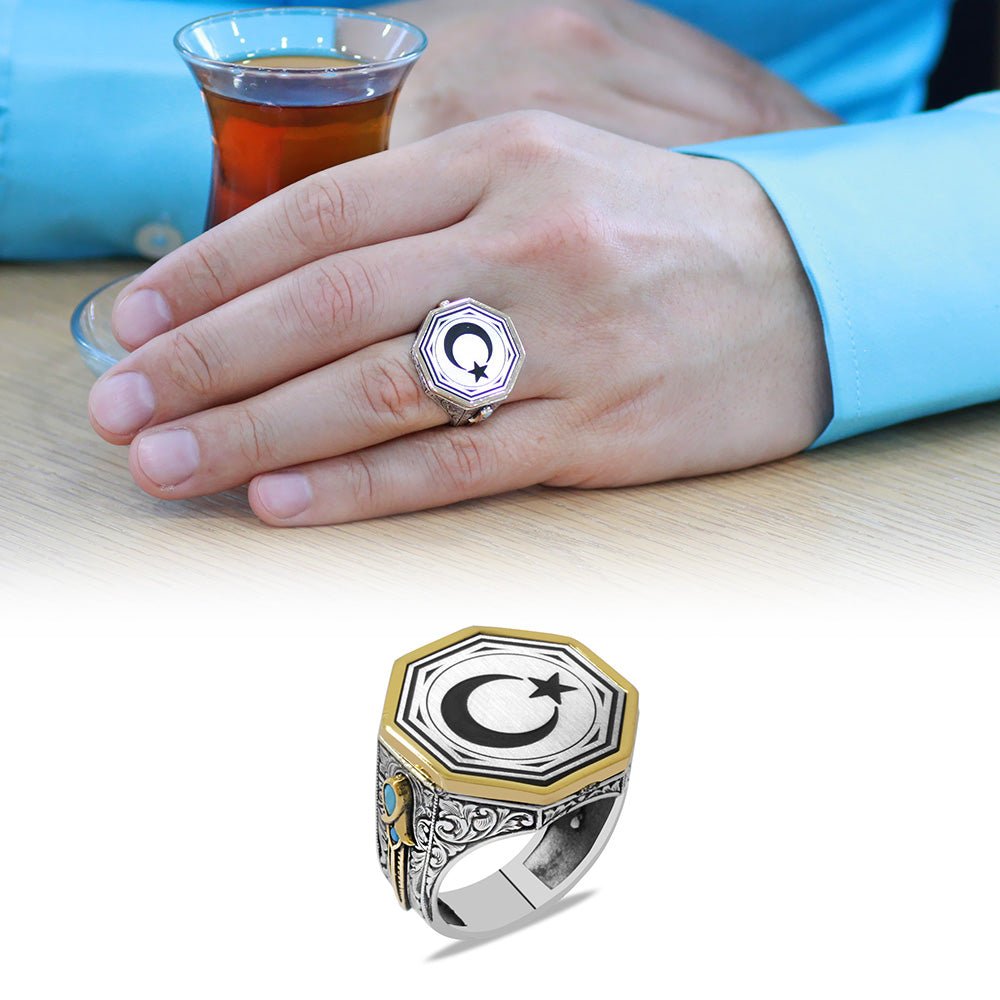 925 Sterling Silver Men's Ring with Crescent and Star Pattern on the Edge and Dagger Detail and Turquoise Stone Decoration - EFENDINA PAZAR - Tesbihane - 102002621