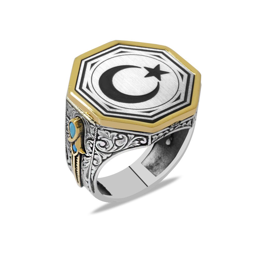 925 Sterling Silver Men's Ring with Crescent and Star Pattern on the Edge and Dagger Detail and Turquoise Stone Decoration - EFENDINA PAZAR - Tesbihane - 102002621