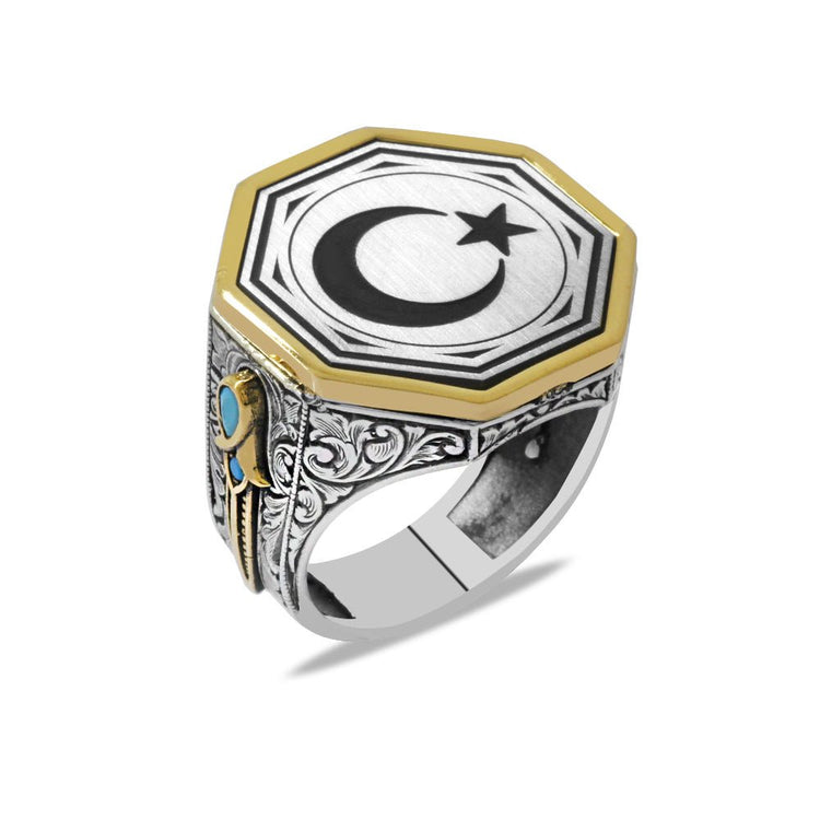 925 Sterling Silver Men's Ring with Crescent and Star Pattern on the Edge and Dagger Detail and Turquoise Stone Decoration - EFENDINA PAZAR - Tesbihane - 102002621