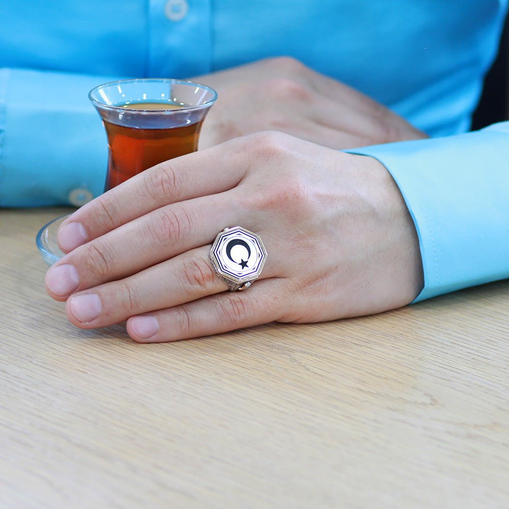 925 Sterling Silver Men's Ring with Crescent and Star Pattern on the Edge and Dagger Detail and Turquoise Stone Decoration - EFENDINA PAZAR - Tesbihane - 102002621