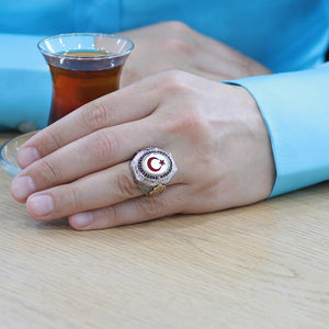 925 Sterling Silver Men's Ring with Crescent and Star Pattern with Arabic Inscription (There is No Winner Except Allah) - EFENDINA PAZAR - Tesbihane - 102002622