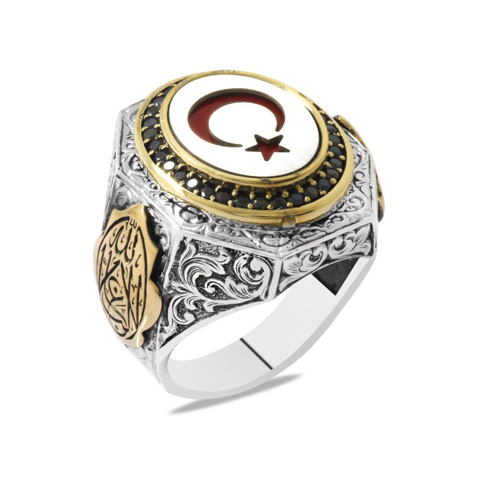 925 Sterling Silver Men's Ring with Crescent and Star Pattern with Arabic Inscription (There is No Winner Except Allah) - EFENDINA PAZAR - Tesbihane - 102002622